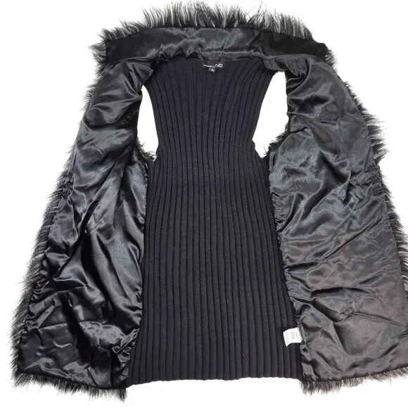 RXB Vest Black Faux Fur Sweater High Neck Long Tunic Style  Women's Medium - Picture 3 of 11
